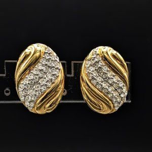 NOS Vintage MONET Goldtoned Clip Earrings with Rhinestone Pave Detail